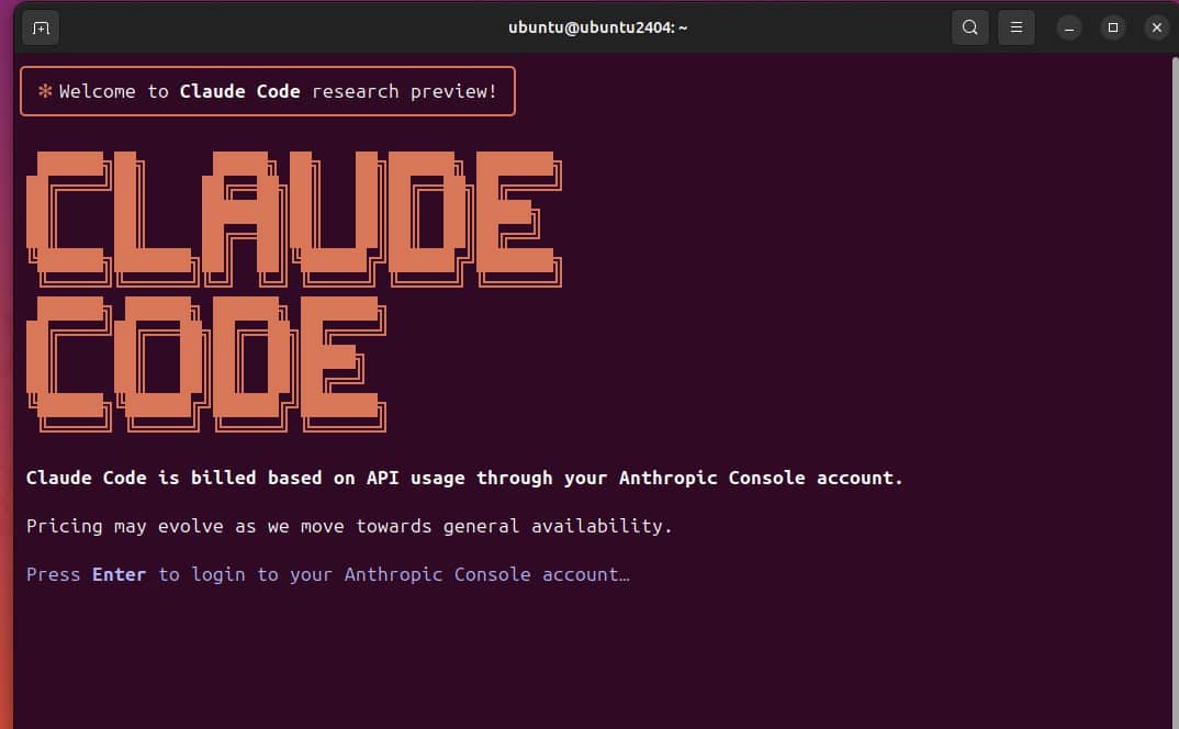 Installing Claude Code on Ubuntu Linux showing Anthropic Console authentication screen in terminal